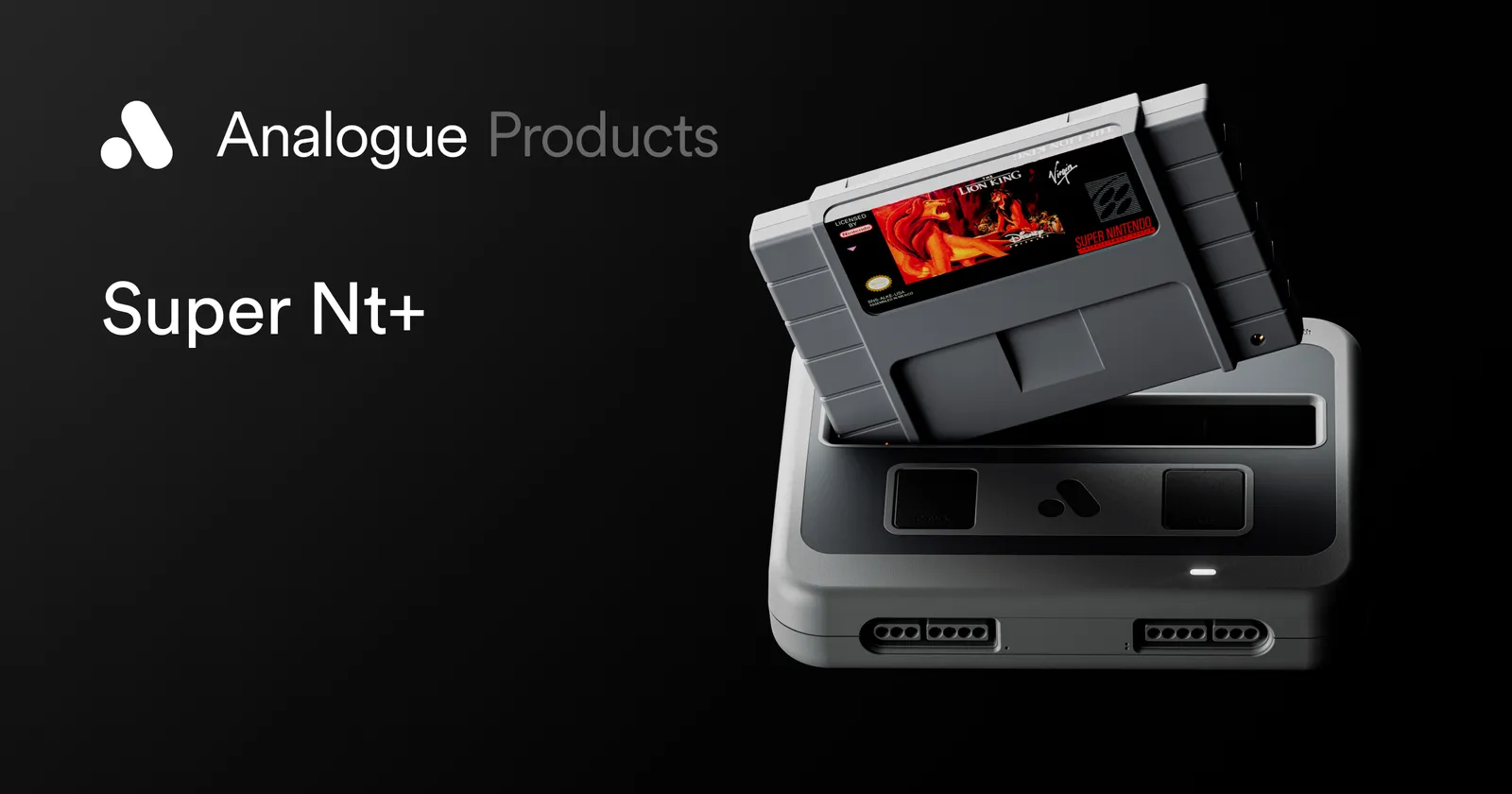 Official Analogue product image of the gray Super Nt+ console with a Super Nintendo cartridge inserted, on a black background