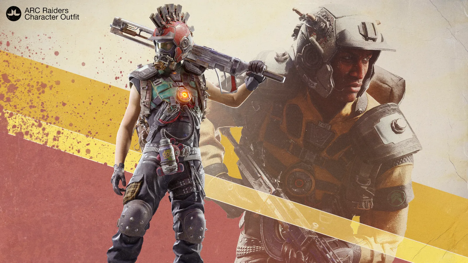 ARC Raiders store art for the Noxious Set: a Raider in a spiked red helmet and patched leather gear carries a large rifle over one shoulder against a red and yellow striped backdrop