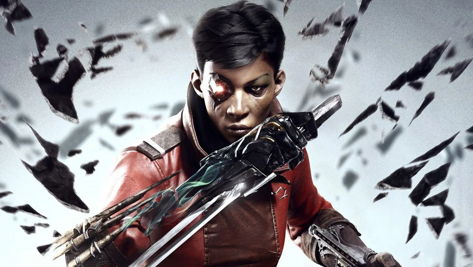 Dishonored: Death of the Outsider key art: Billie Lurk in a red coat with a glowing mechanical eye and a mechanical arm holding a blade, surrounded by flying shards