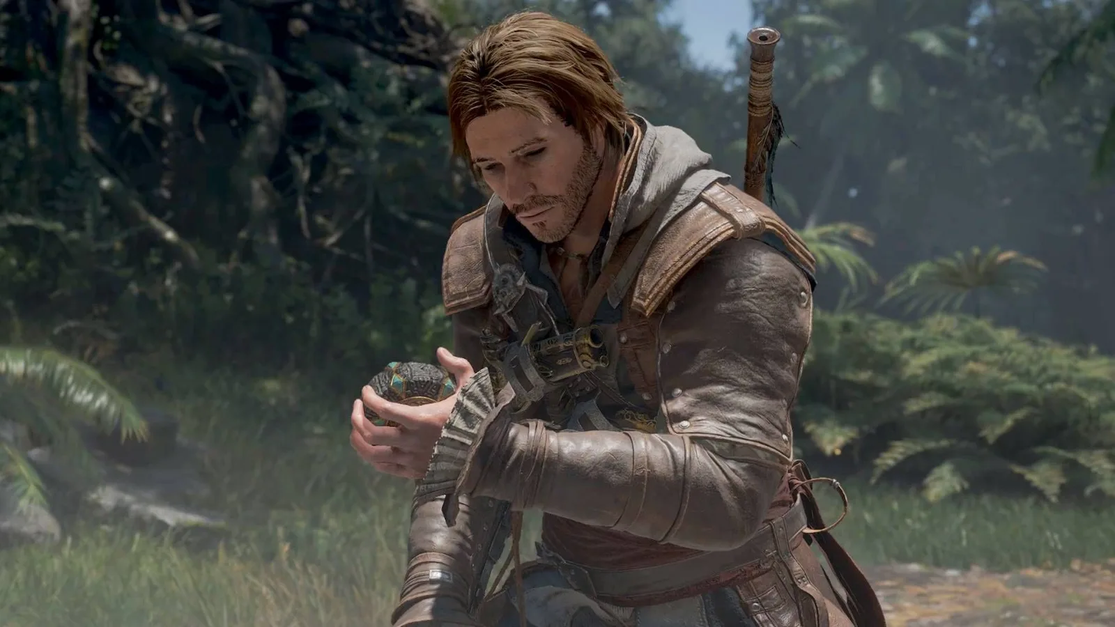 Edward Kenway in Assassin's Creed Black Flag Resynced, crouched in a sunlit jungle in his hooded leather coat, studying a small object in his hand