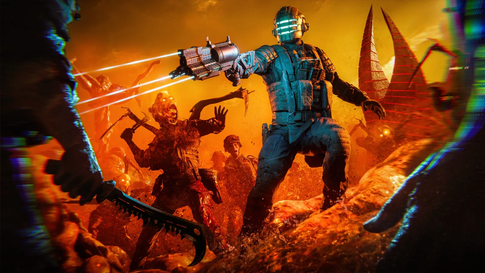 Official Battlefield 6 x Dead Space key art of a soldier in an Isaac Clarke-style engineering suit firing a Pulse Rifle at Marked Soldiers, with a glowing red Marker towering behind him in a fiery orange haze