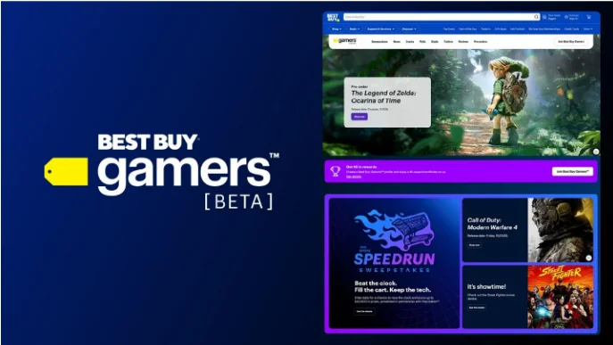 Official Best Buy Gamers beta promo image showing the logo next to a preview of the site with Zelda: Ocarina of Time and Modern Warfare 4 tiles