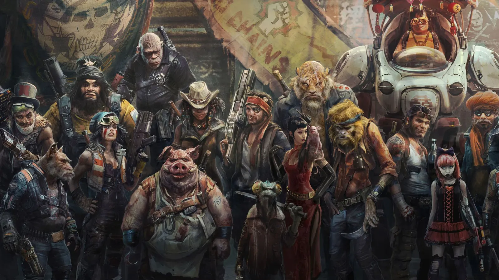 A crowd of Beyond Good & Evil 2 characters, including a pig in an apron, a tiger, a monkey and armed space pirates, posed together