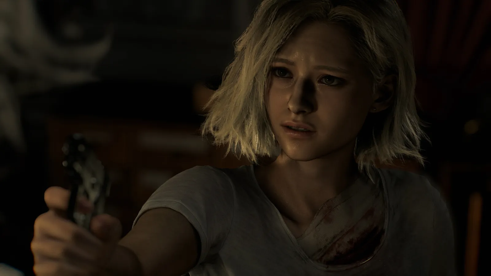 Grace Ashcroft, blood on her shirt, aims a pistol with a frightened look in a dark room in Resident Evil Requiem