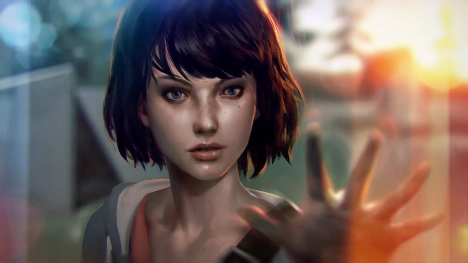 Max Caulfield from Life is Strange reaching her hand toward the camera, with a blurred sunset behind her