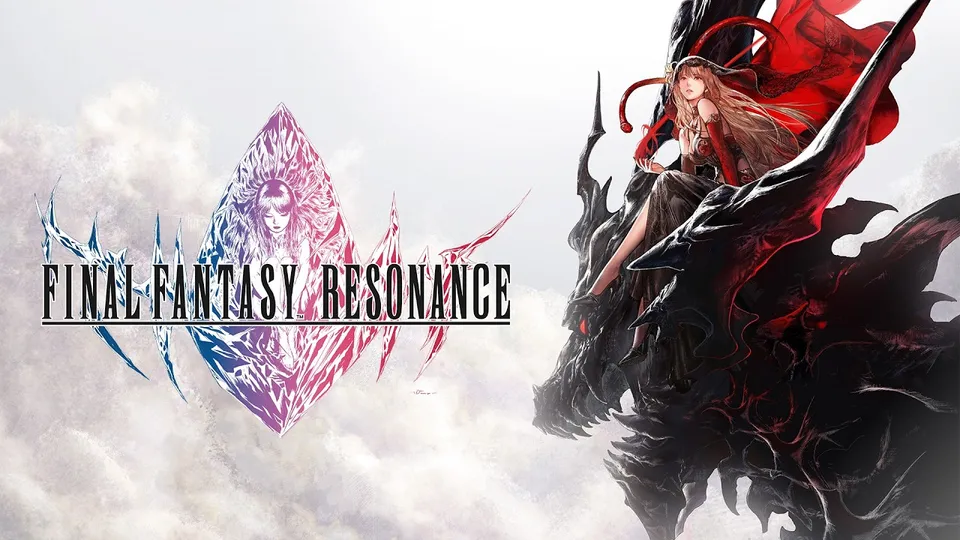 Final Fantasy Resonance key art showing the game's logo beside a woman in red seated on a black dragon against white clouds