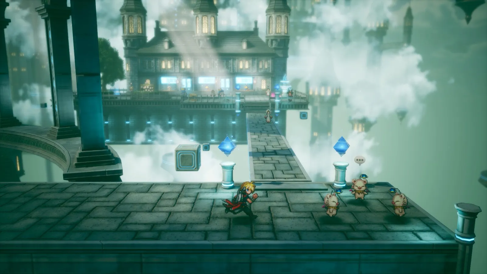 Final Fantasy Resonance screenshot in HD-2D pixel art: a blond hero running across a stone walkway toward three moogles, with a towering palace and floating ruins in the clouds behind