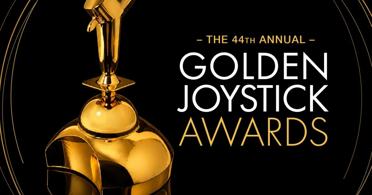 Official key art for the 44th annual Golden Joystick Awards: the gold joystick trophy on a black background beside the awards logo