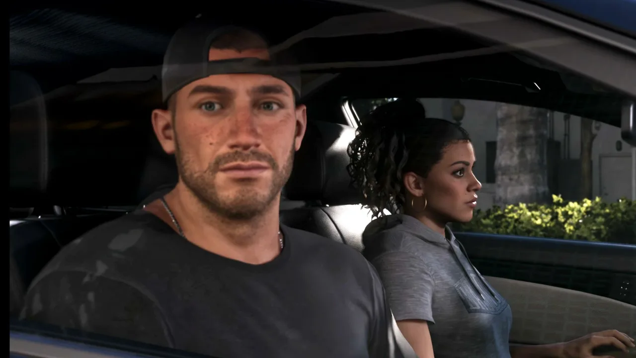 Grand Theft Auto VI screenshot of Jason in a black cap at the wheel of a car, with Lucia in the passenger seat looking out the window