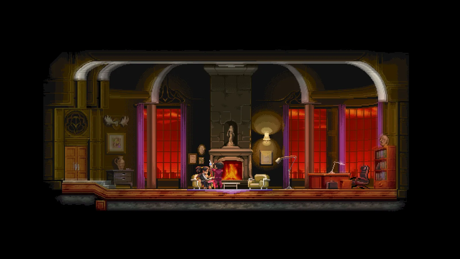 Katana Zero pixel-art screenshot of a dim mansion study with arched ceilings, a roaring fireplace and red-lit windows, two characters by the hearth