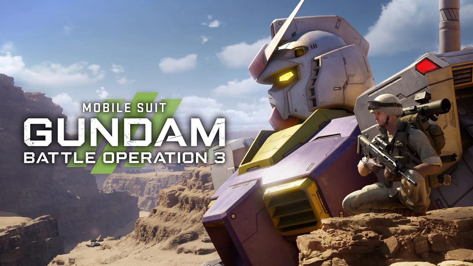 Key art for Mobile Suit Gundam: Battle Operation 3, with a soldier crouched beside a giant Gundam head in a desert canyon