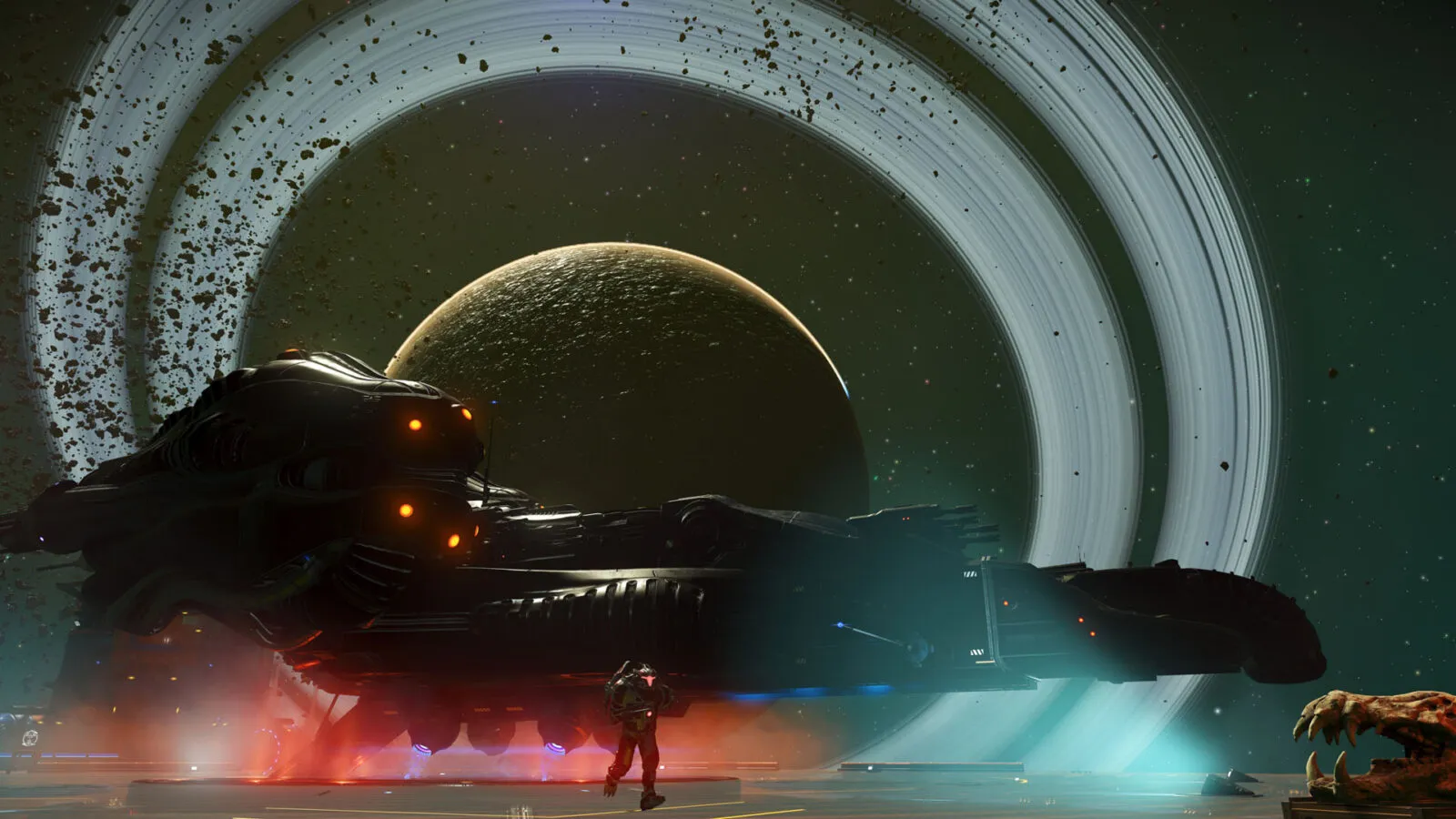 No Man's Sky FORSAKEN screenshot of a dark biomechanical corvette with orange lights on a landing pad, an explorer walking beneath it and a ringed planet behind