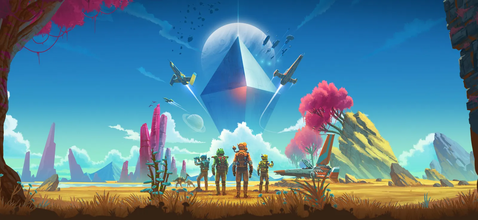No Man's Sky official key art: four explorers facing a giant Atlas pyramid on an alien world