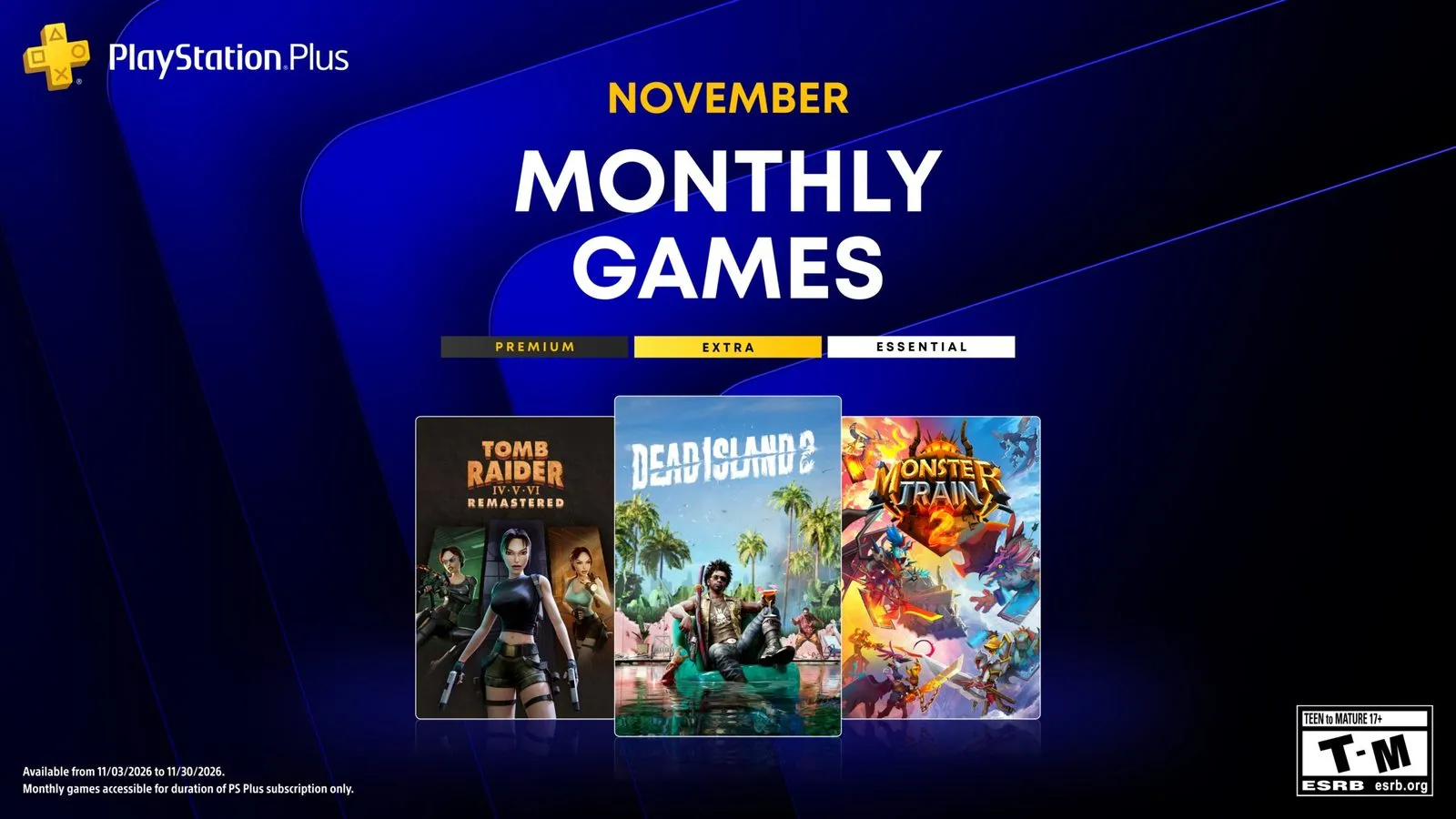 PlayStation Plus November Monthly Games banner showing box art for Tomb Raider IV-VI Remastered, Dead Island 2 and Monster Train 2
