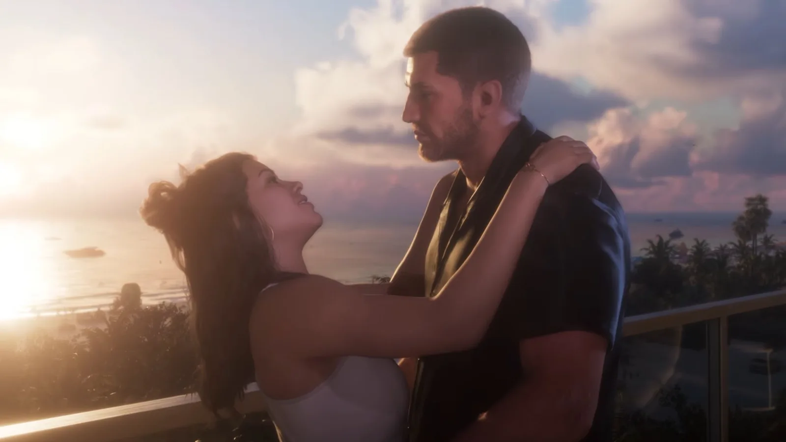 GTA VI's Lucia and Jason embracing on a balcony at sunset over the ocean