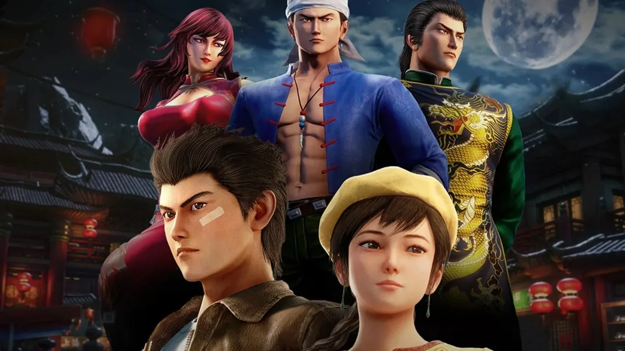 Ryo Hazuki, Shenhua, Ren, Lan Di and Niaowu pose in front of a moonlit Chinese town in Shenmue III key art