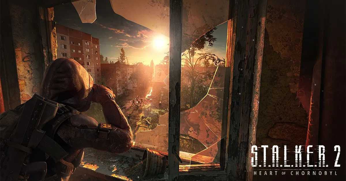 Official S.T.A.L.K.E.R. 2: Heart of Chornobyl art of a hooded stalker crouched at a broken window, looking out over a sunlit, overgrown Pripyat apartment district