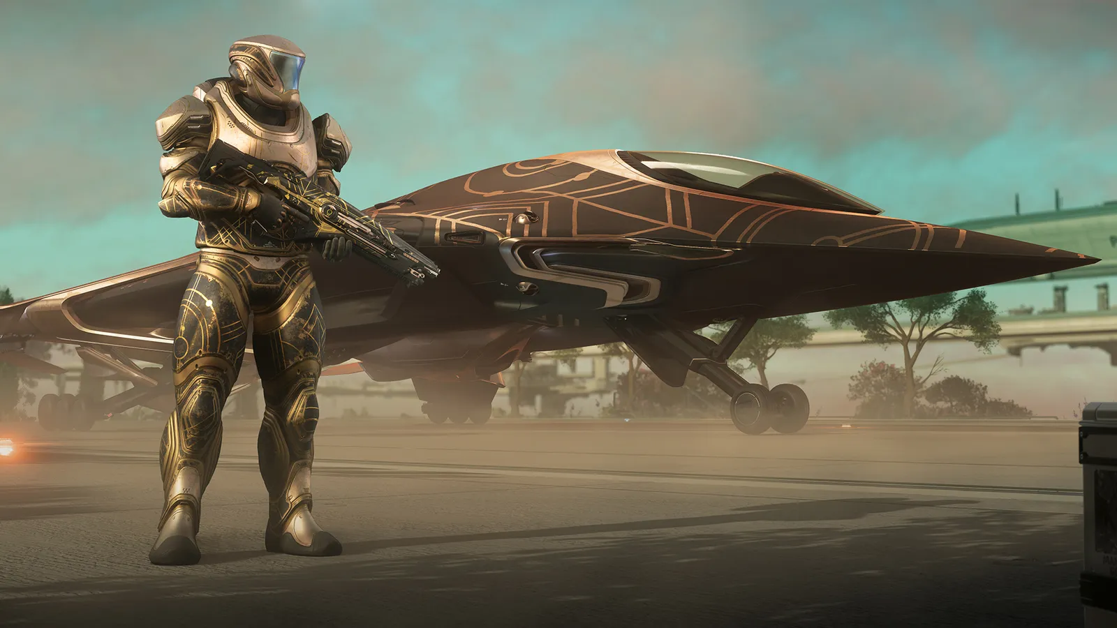 Official Star Citizen render of a soldier in gold-and-black armor holding a rifle, standing in front of a sleek brown ship with gold line patterns on a dusty landing pad