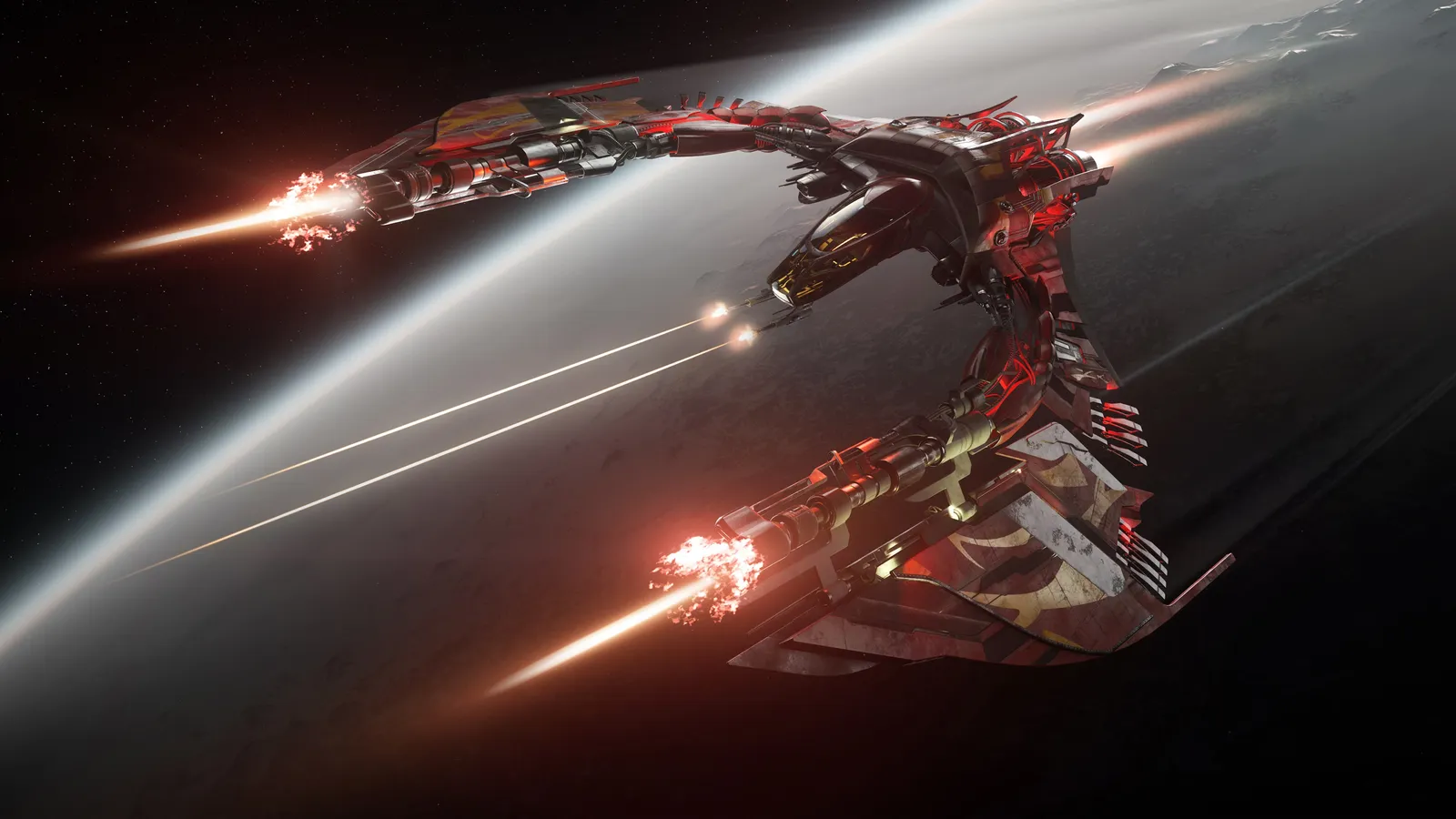 Official Star Citizen render of a red-and-black Vanduul Glaive fighter firing its cannons as it banks over a planet's horizon