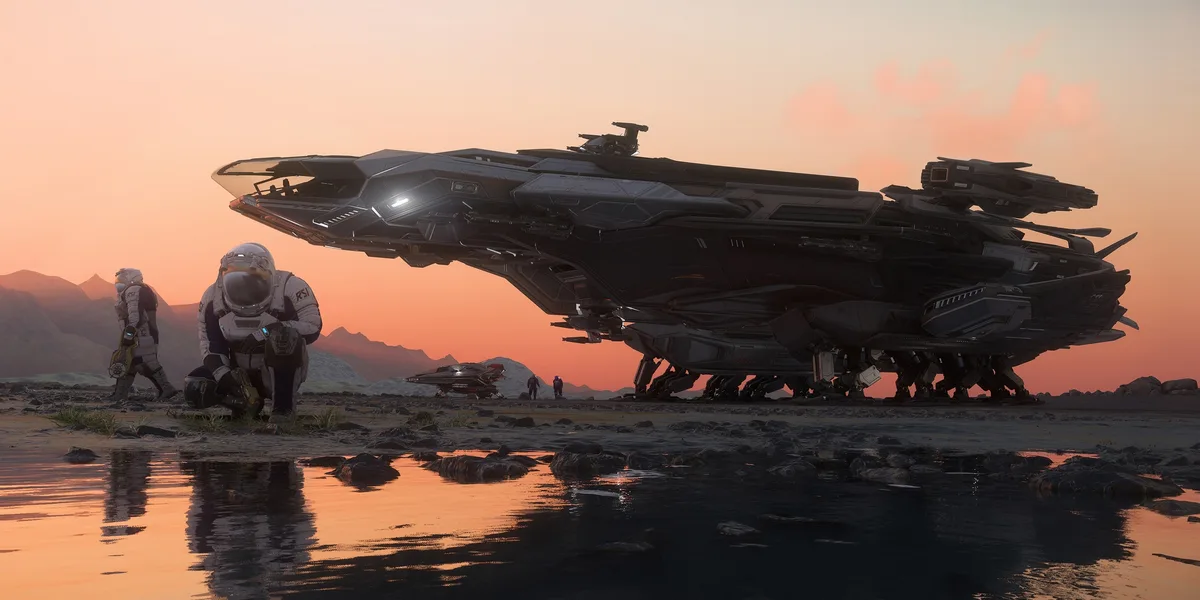 Official image of the RSI Constellation Mk V Centaurus hovering over a rocky shoreline at sunset while two armored crew members work on the ground