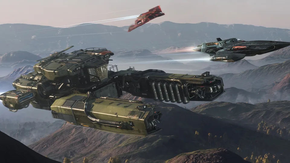 Official Star Citizen art of a Drake Vulture, an Aegis Eclipse and a red Kruger Wolf flying low over misty mountains in their new Day of the Vara paints