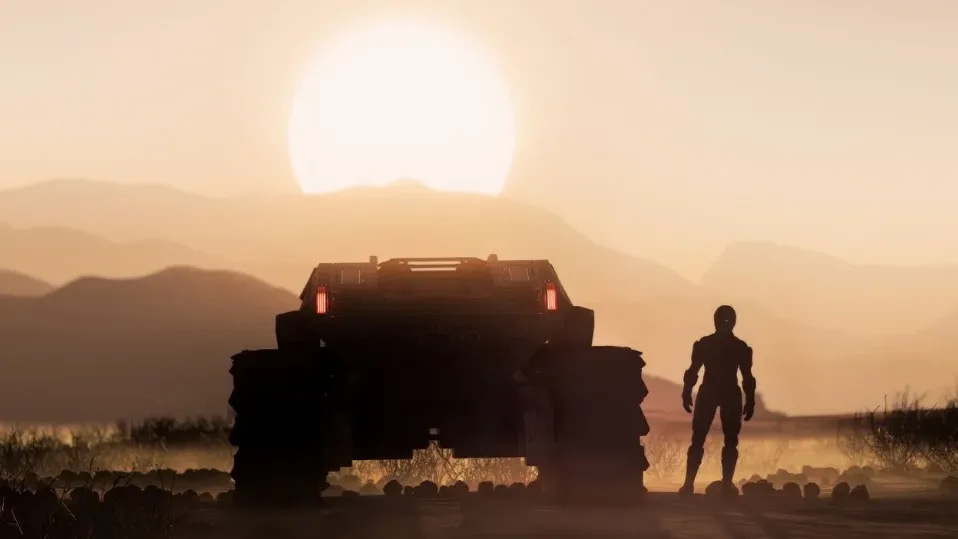 A Star Citizen rover and a lone pilot in silhouette stand on a dusty plain at sunset, facing a huge pale sun over layered hills on Daymar