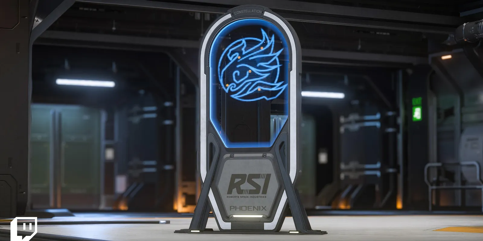 RSI promo render of the Phoenix Insignia Display: a tall black-and-white hangar stand with a glowing blue holographic phoenix emblem above an RSI Phoenix plaque