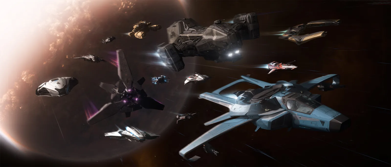 A crowd of Star Citizen ships, from fighters to a big hauler, flying together past a glowing planet