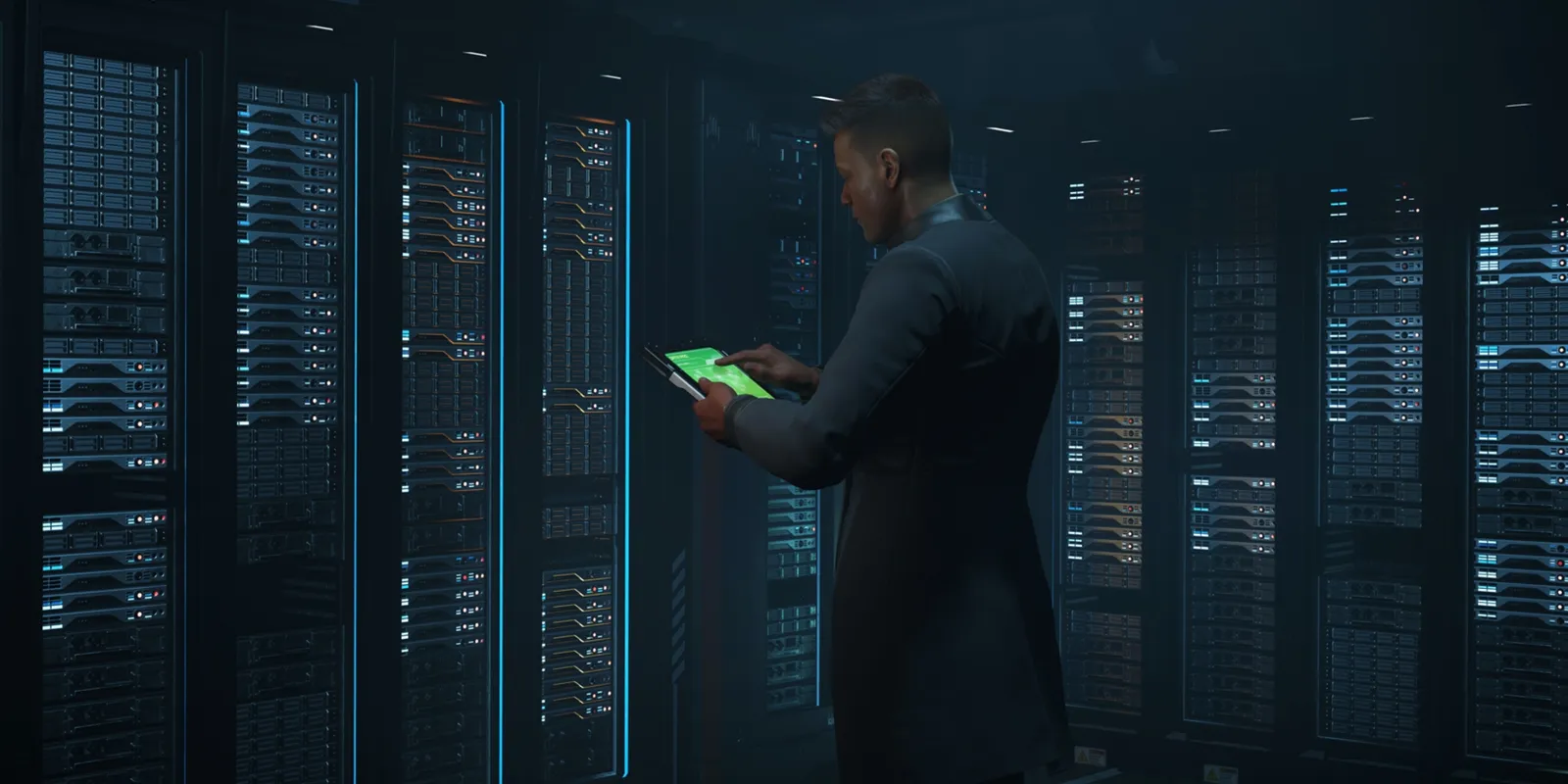 Official Star Citizen art from the Roadmap Roundup showing a man in a long dark coat checking a glowing green tablet in a dim server room lined with racks