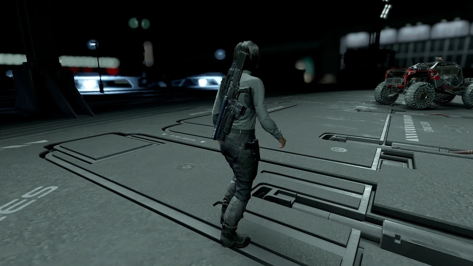 Starfield character walking through a hangar with a rifle holstered on her back and a pistol on her right thigh, shown by the Holsters SFSE mod