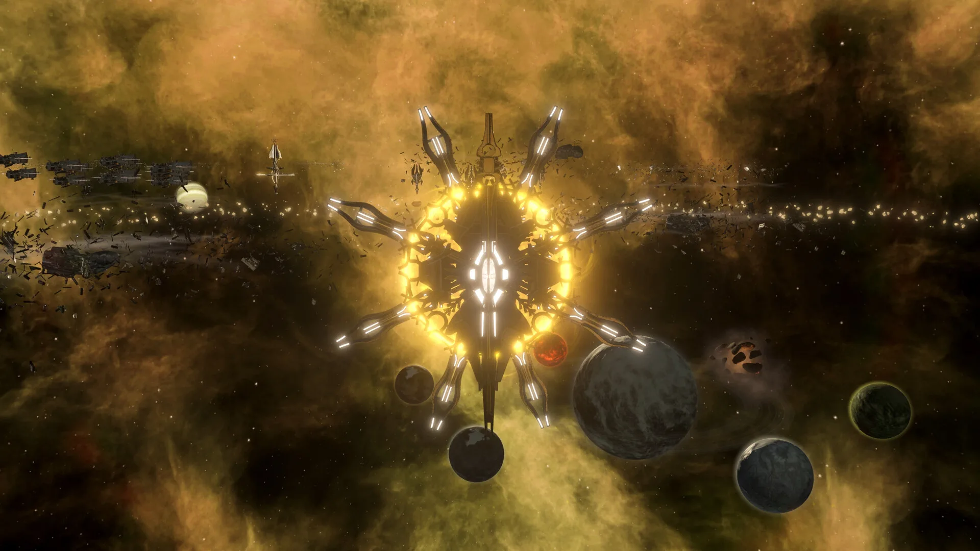A huge glowing golden starbase with radiating arms hangs in a yellow nebula surrounded by planets and a fleet in Stellaris: Willpower