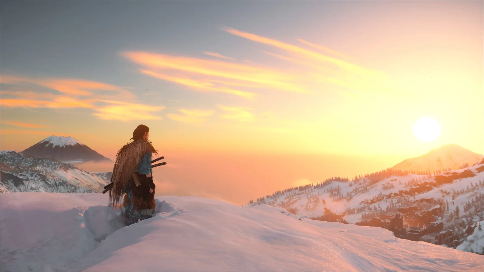 Atsu, in a fur cloak with swords on her back, stands in deep snow watching a golden sunset over the mountains of Ezo in Ghost of Yotei