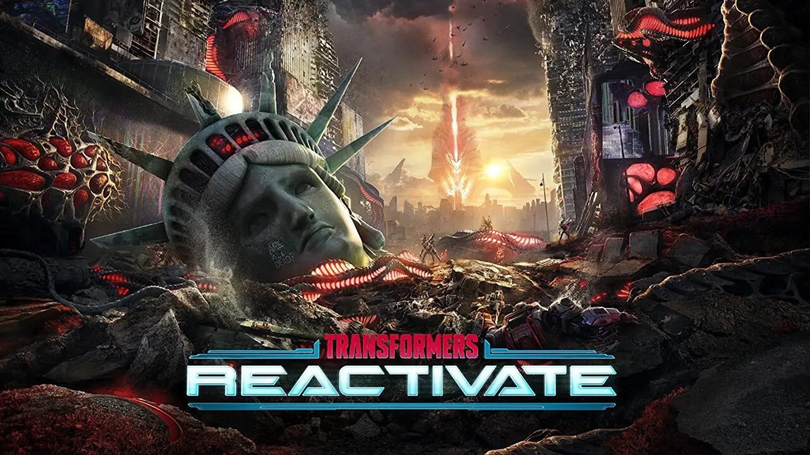 Transformers: Reactivate key art showing the fallen head of the Statue of Liberty in a ruined New York overrun by red alien growths