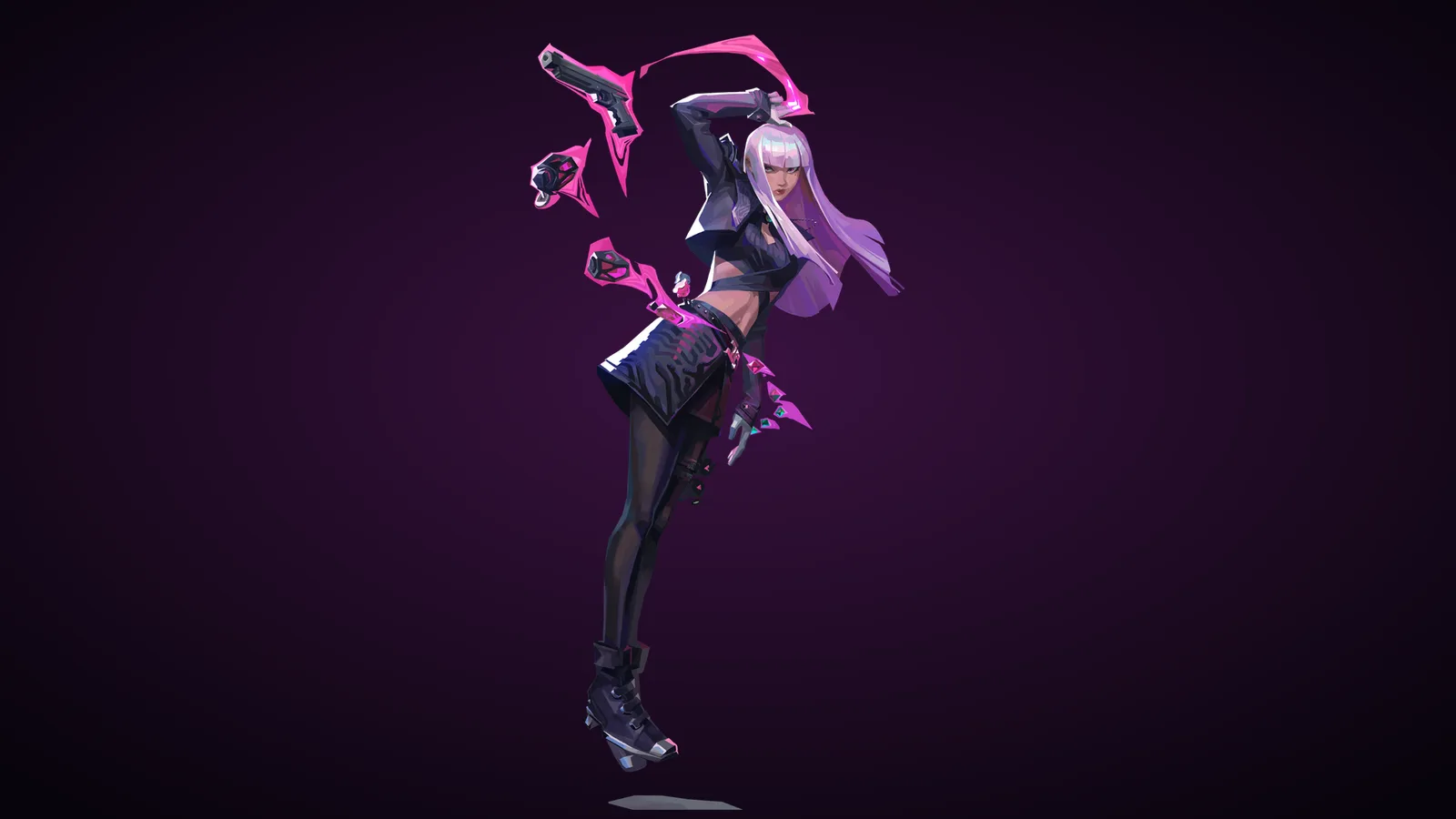 Riot's official full-body artwork of Valorant agent Hush, a white-haired Duelist in a black jacket and skirt, mid-pose with a pistol and gadgets floating in magenta telekinetic ribbons